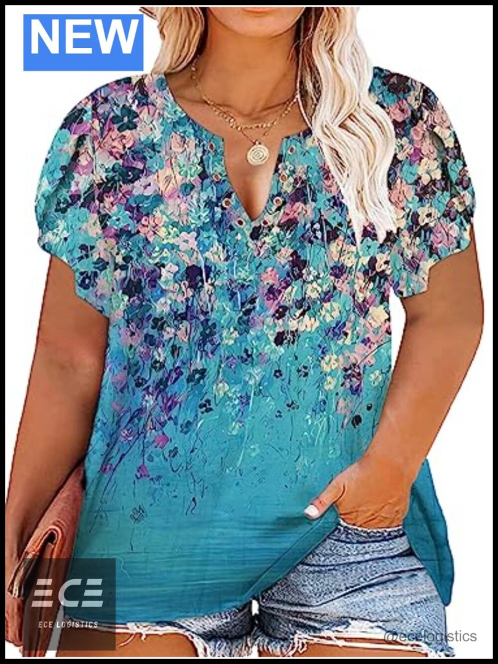 Plus Size Womens Floral Print V-Neck Short Sleeve Top Loose Fit Casual Tee